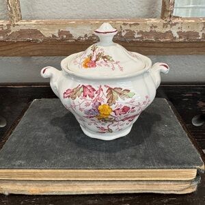 Vintage Floral Ironstone Sugar Bowl with Lid